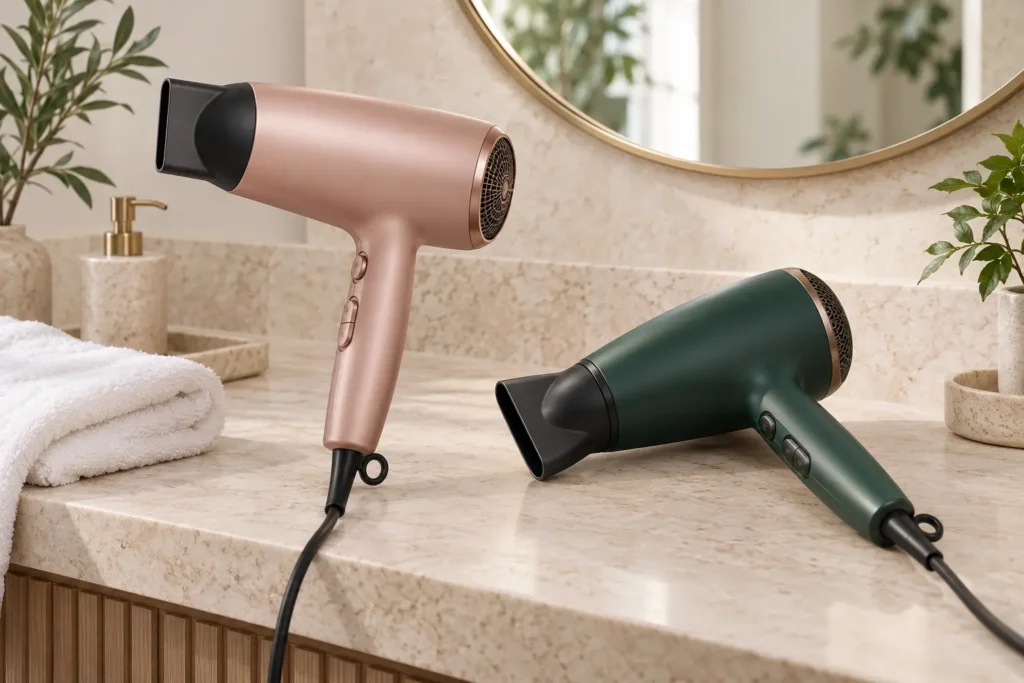 Secadores de pelo sobre un tocador luminoso