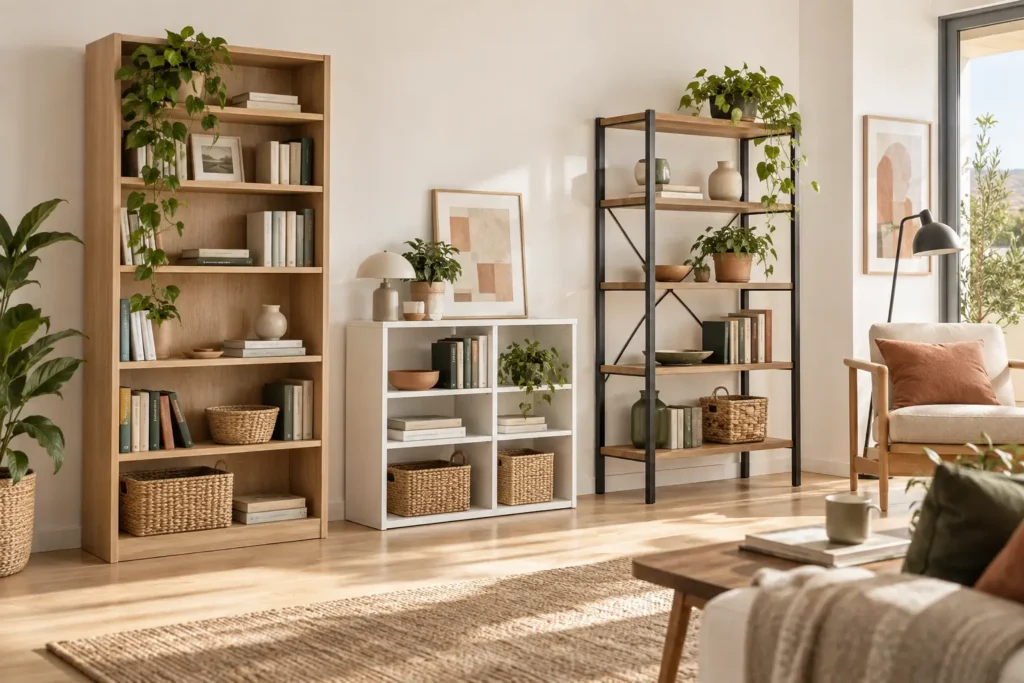 Estanterías de madera, blancas e industriales en un salón luminoso