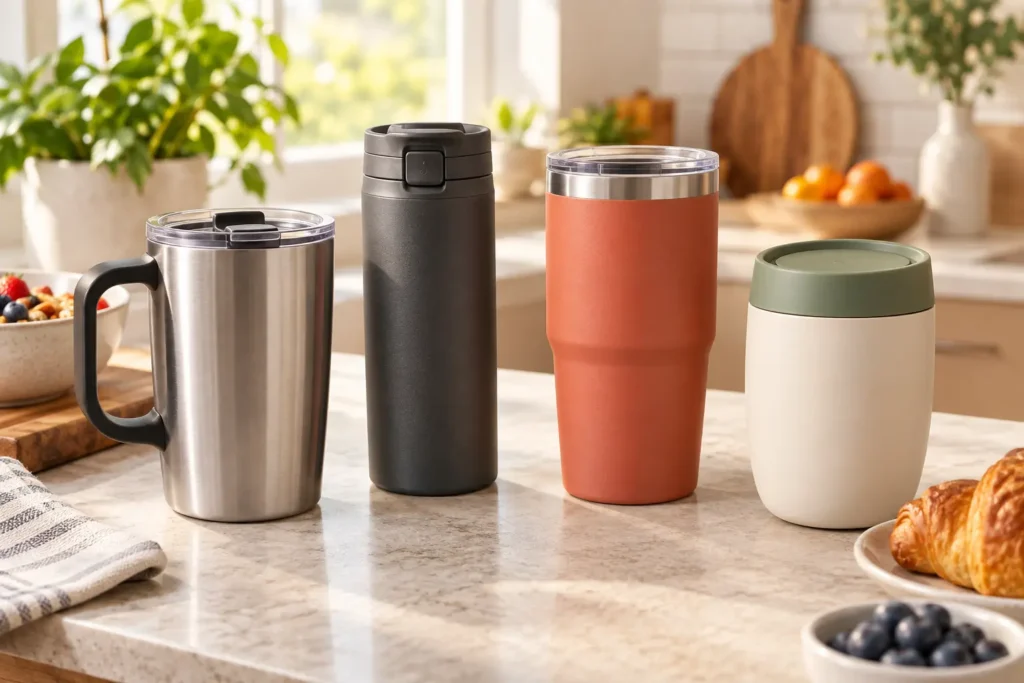 Tazas y termos térmicos de varios tamaños sobre una encimera luminosa