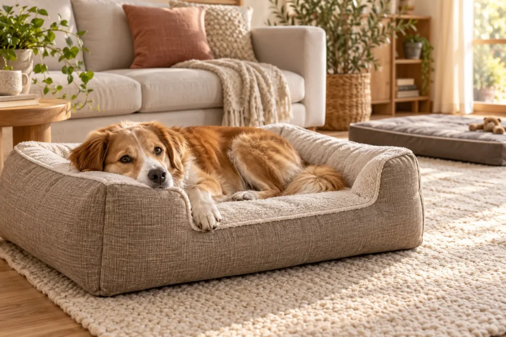 Perro descansando en una cama ortopédica
