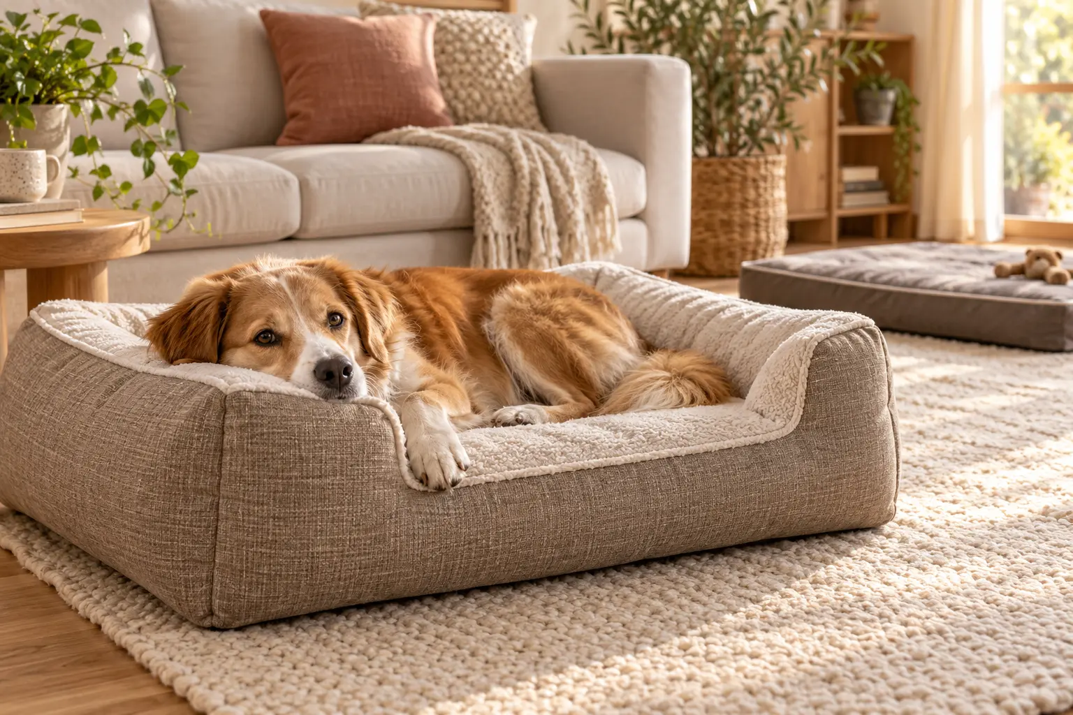 Perro descansando en una cama ortopédica