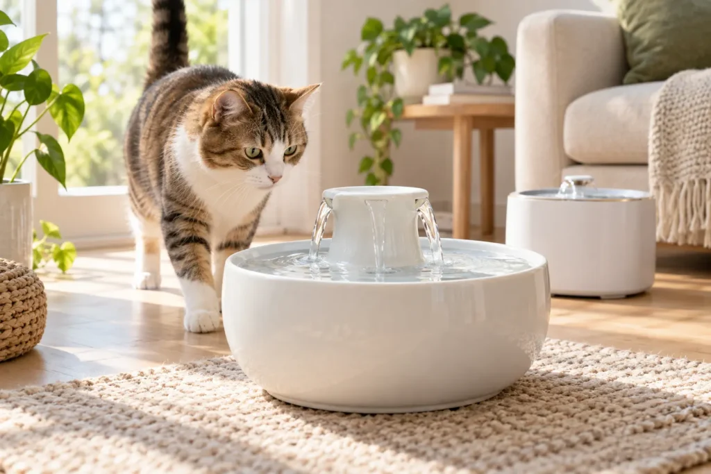 Gato junto a una fuente de agua en un salón luminoso