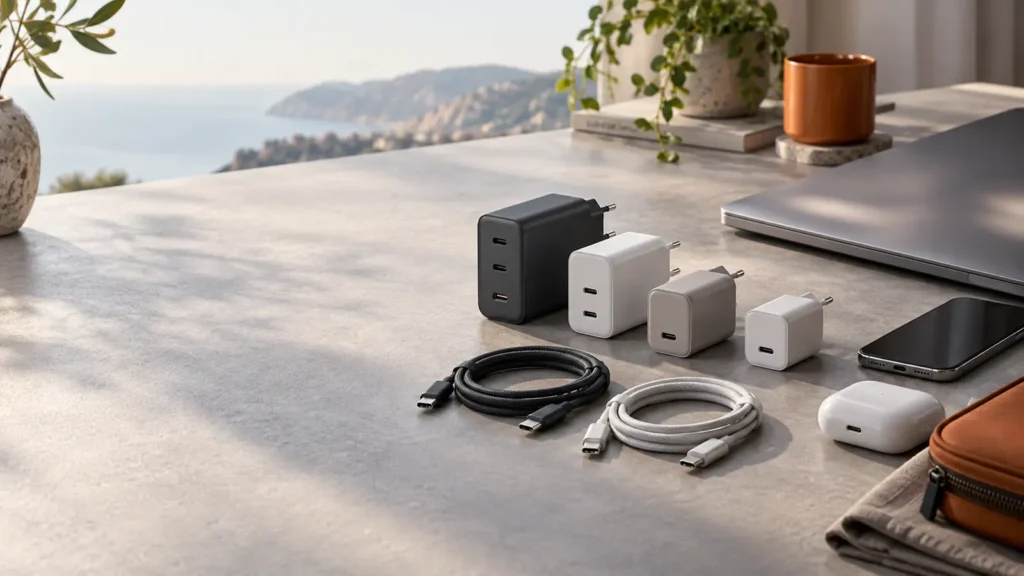 Cuatro cargadores USB-C compactos junto a portátil, móvil y cables