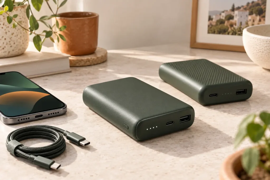 Baterías externas y teléfono sobre una mesa luminosa